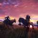 An image depicting the Tarnished player character battle a Kaiden sellsword on horseback against a pink-and-purple sunset backdrop.